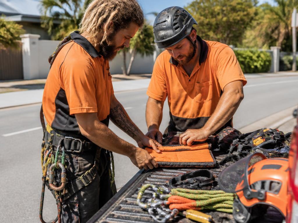 Climbing ropes, harness, slings and a chainsaw laid out for the morning gear inspection